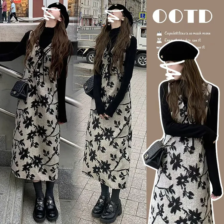 时髦孕妇装新款秋冬时尚洋气法式小香风印花大码碎花春秋显瘦套装
