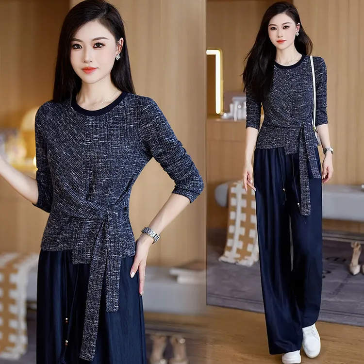 极简风时尚套装女2025秋季新款轻熟风绑带长袖T恤阔腿裤两件套潮