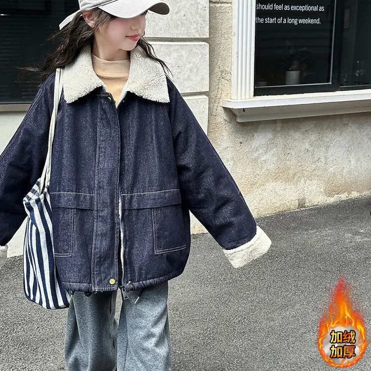 女童大翻领牛仔外套加绒加厚2025秋冬新款女孩洋气时髦初中生上衣