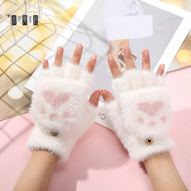 朵思曼新款毛绒手套可爱猫爪熊掌保暖半指翻盖针织加绒加厚韩版手