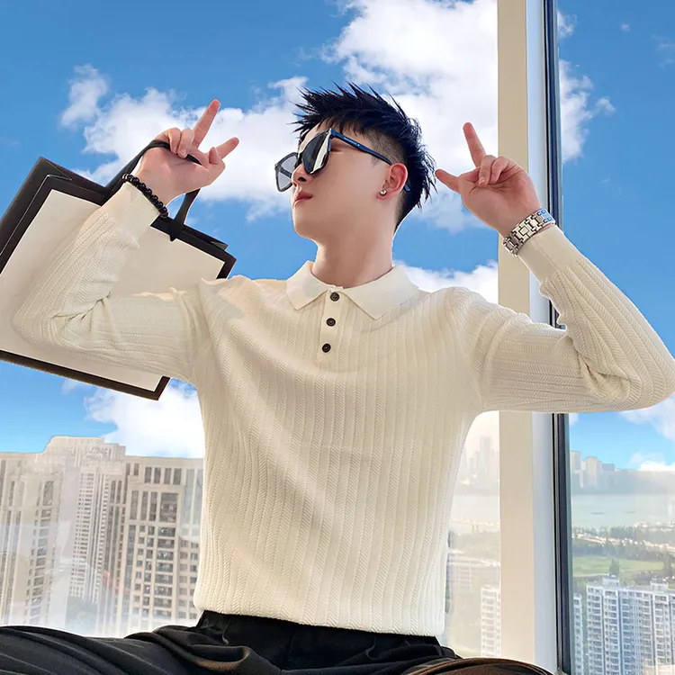 今年流行冬季条纹翻领针织衫男士毛衣春秋休闲潮流修身韩版打底衫