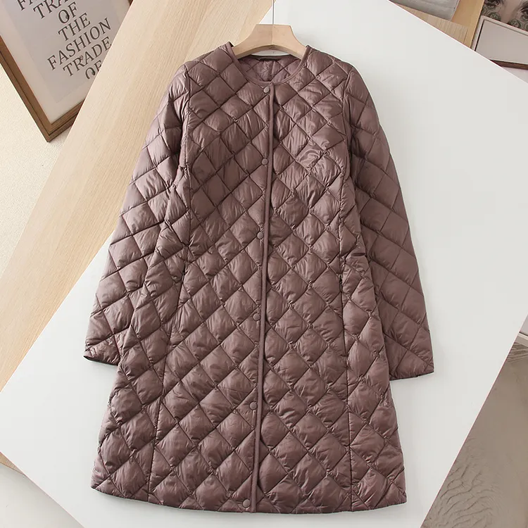秋冬新款百搭高级感V领中长款轻薄保暖休闲复古大码羽绒服冬季