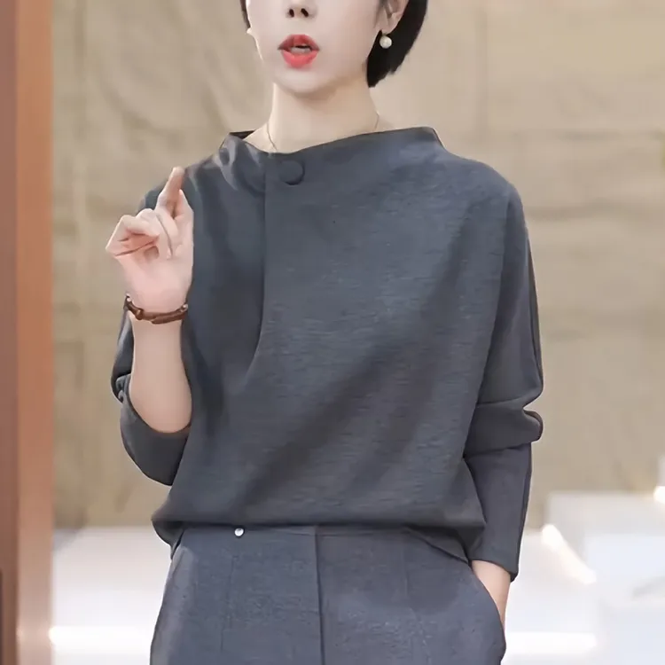 立领灰色长袖t恤女士2025秋季新款时尚减龄显瘦短款内搭打底上衣