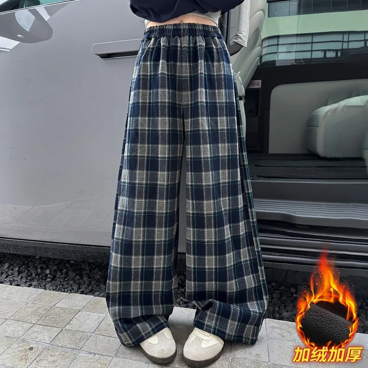 女童加绒格子裤冬季新款中大童休闲宽松阔腿裤5-15岁长裤百搭童裤