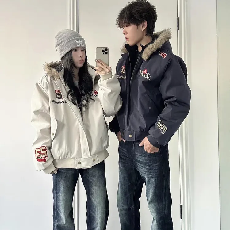 WWBG美式复古飞行夹克座山雕刺绣棒球服加厚拆卸连帽情侣冬季外套