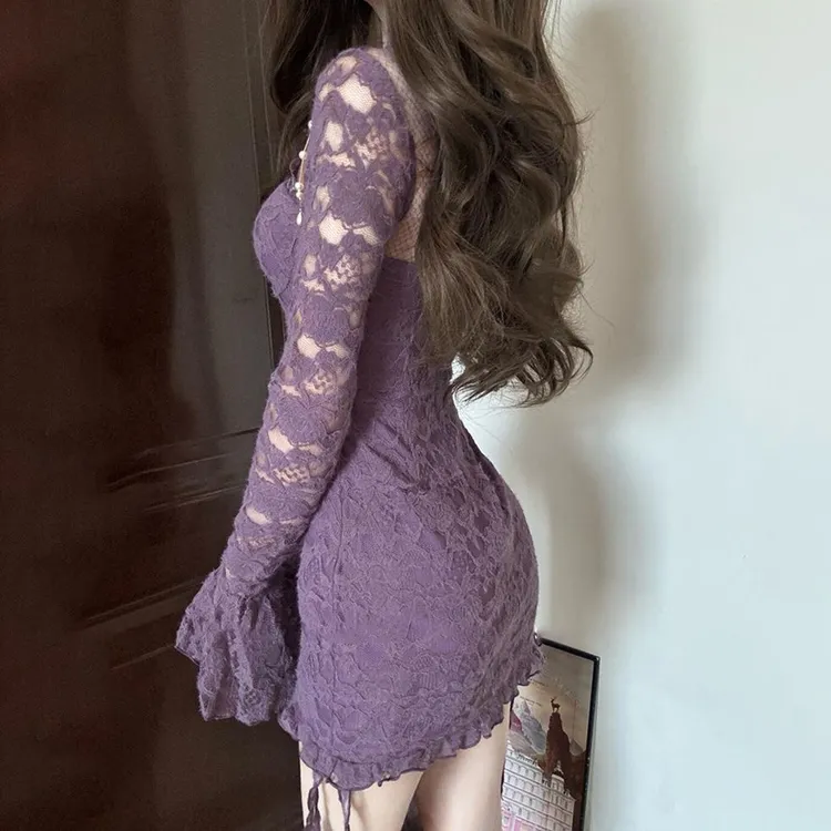 【4599人收藏】性感欲风拼接蕾丝挂脖辣妹修身显瘦气质时尚紫色战
