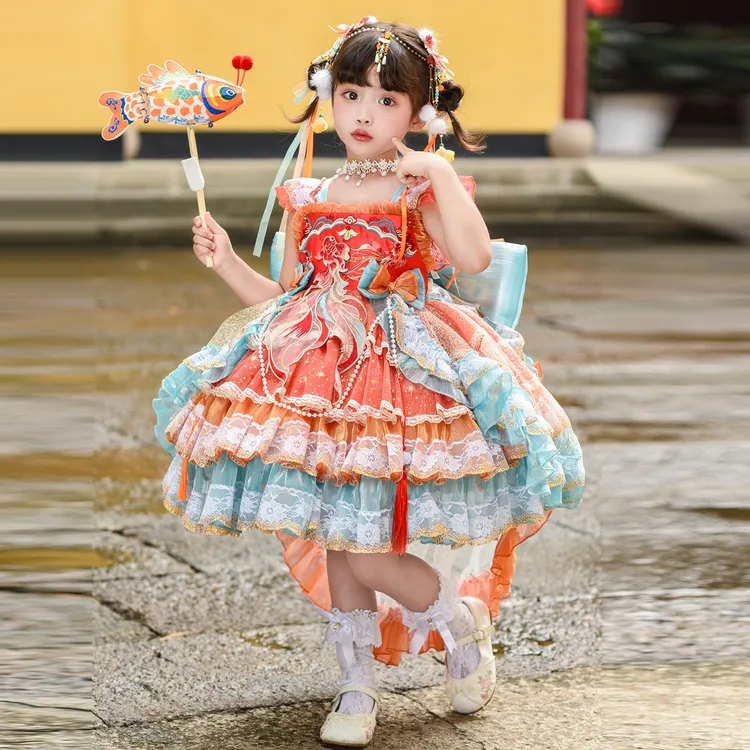 女童四季款国风锦鲤洛丽塔蓬蓬公主裙宝宝生日周岁礼服连衣裙