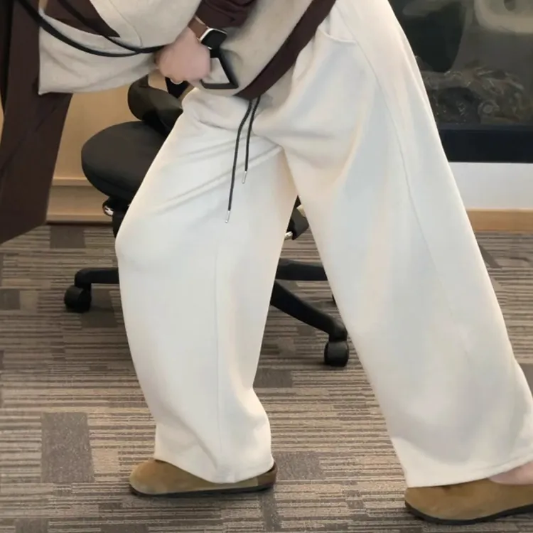 米杏色加绒加厚毛呢阔腿裤女冬款大码胖mm宽松休闲今年流行梧桐裤