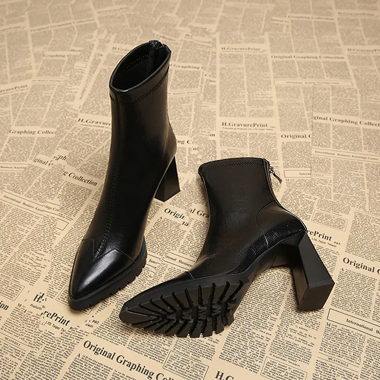 羊皮小个子厚底真皮短靴女尖头高跟秋冬季加绒裸靴韩版瘦瘦马丁靴商品图