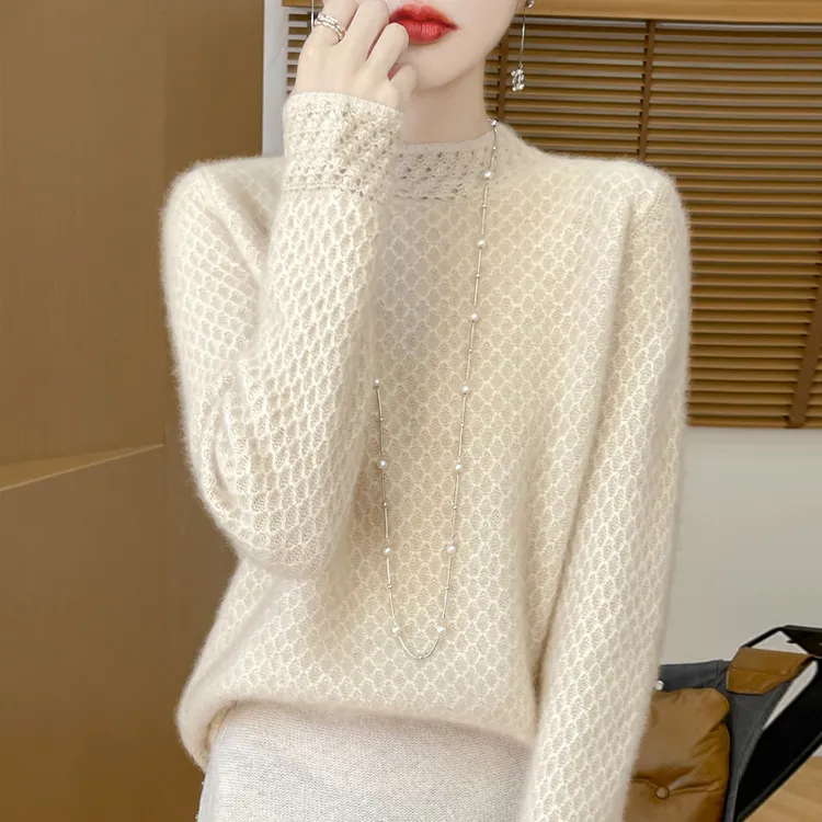 【专柜同款】100％纯羊绒衫女市半高领镂空加厚毛衣宽松针织打底衫