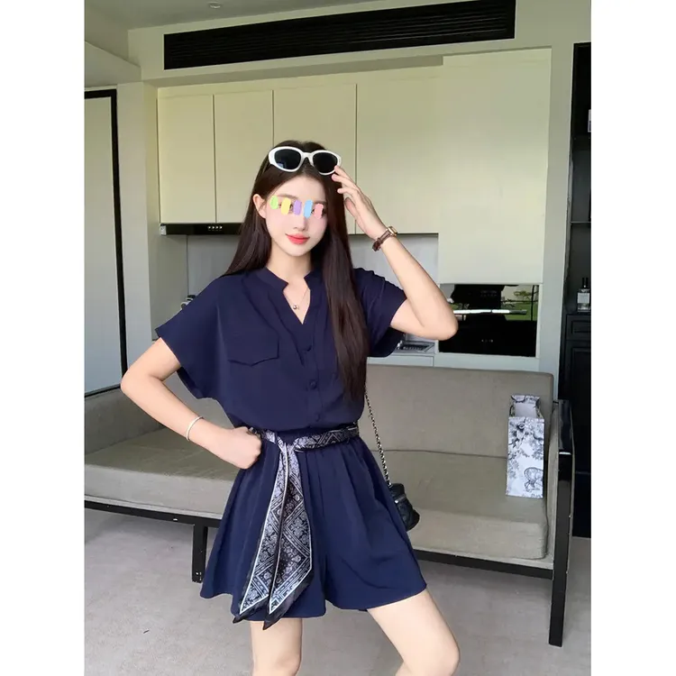 1503#三件套显瘦2025夏装新款女装气质v领短袖带高腰短裤衬衫套装
