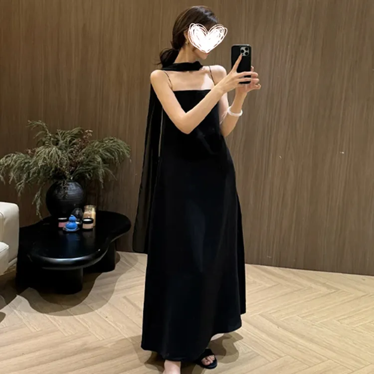 法式赫本风黑色吊带连衣裙子女生韩系ins衣服夏季气质高级感长裙