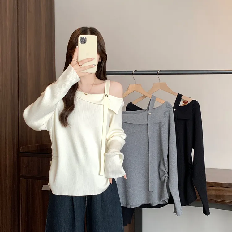 2025秋装新款胖mm大码女纯欲露肩掐腰软糯针织毛衣上衣72043