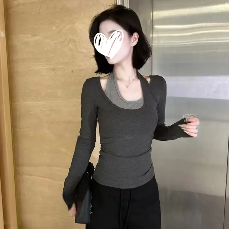 早秋辣妹小众撞色假两件长袖T恤上衣女设计感修身挂脖内搭打底衫