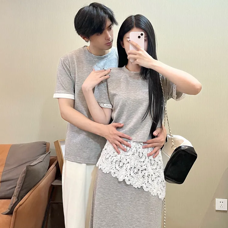 2025夏季新款情侣装修身短袖T恤高腰蕾丝拼接半身裙套装男上衣T恤