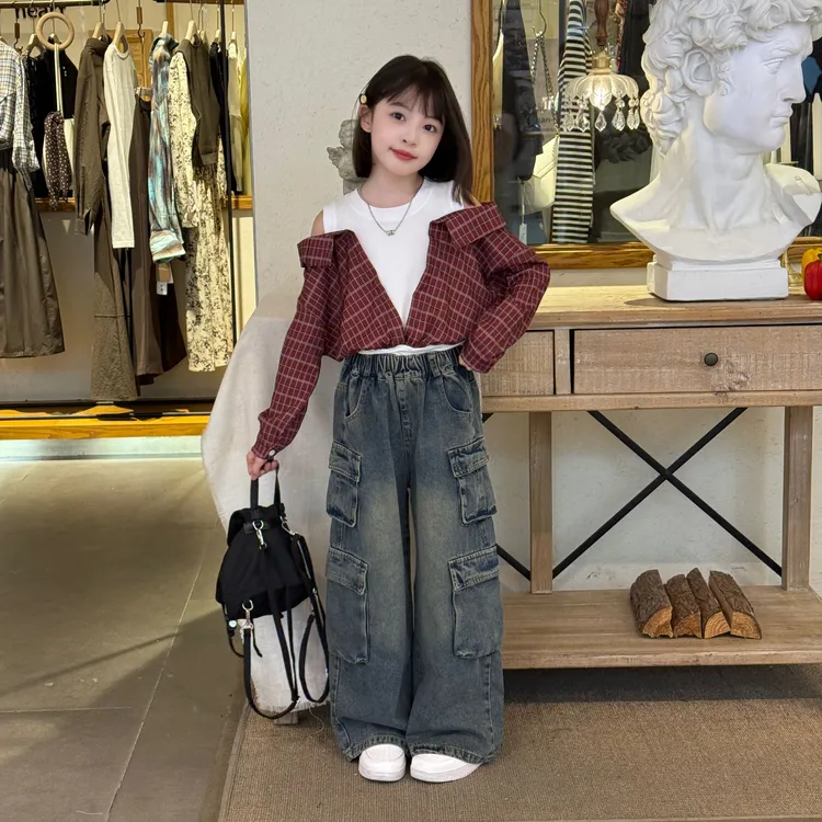 女童2025春秋撞色假两件拼接格露肩上衣工装牛仔裤中大童新款潮