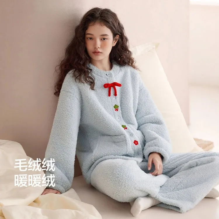【巨保暖】北羔绒圆领开衫睡衣女冬季盐系少女风小花朵家居服套装