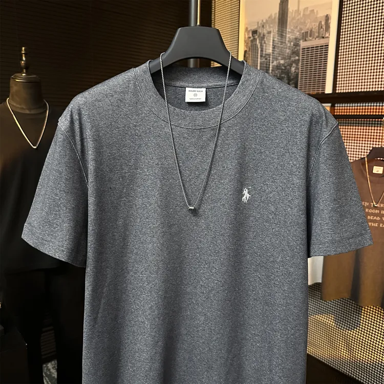 男士夏季重磅纯色冰感棉短袖T恤男刺绣棉质休闲时尚半袖衫男