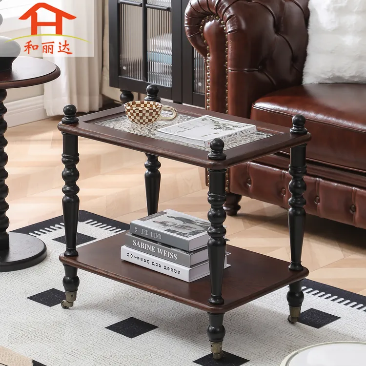 (南特)中古风法式复古置物架可移动方边几带轮子纯实木罗马柱茶几