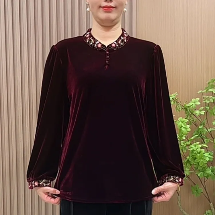 妈妈装秋装刺绣丝绒小衫2025新款中老年女装秋季大码立领宽松上衣