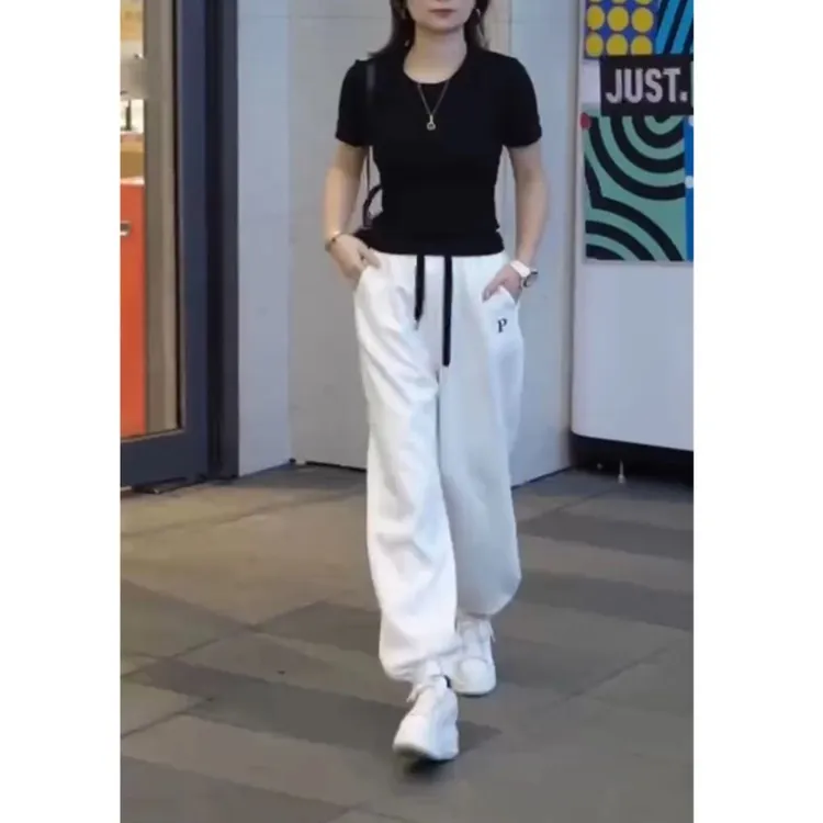 春夏新款时尚百搭黑色修身短袖上衣休闲束脚显瘦卫裤女装