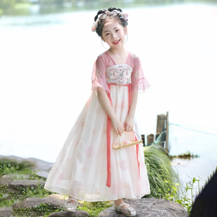 夏季新款连衣裙女童短袖齐胸襦裙粉色超仙儿童国风公主裙重工汉服