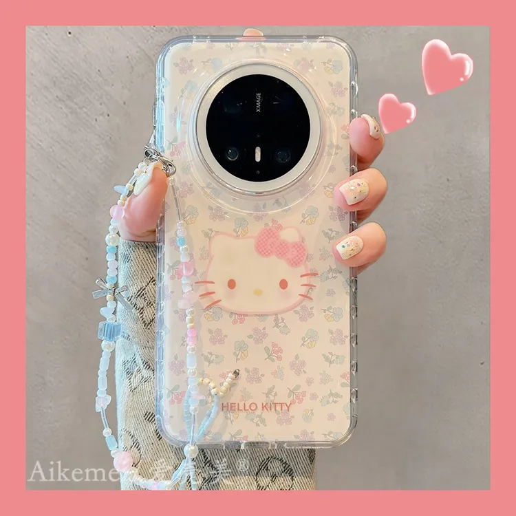 适用华为mate70pro+手机壳可爱卡通mate60pro小花Kitty猫头像链条