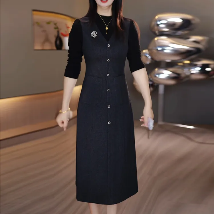 设计感简约假两件连衣裙2025冬季新款显瘦洋气加厚减龄中长款裙子