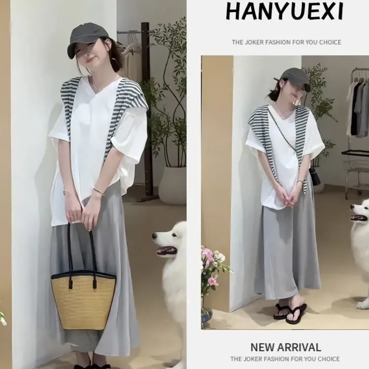 洋气炸街减龄条纹披肩v领短袖T恤2025夏季新款韩版宽松显瘦三件套