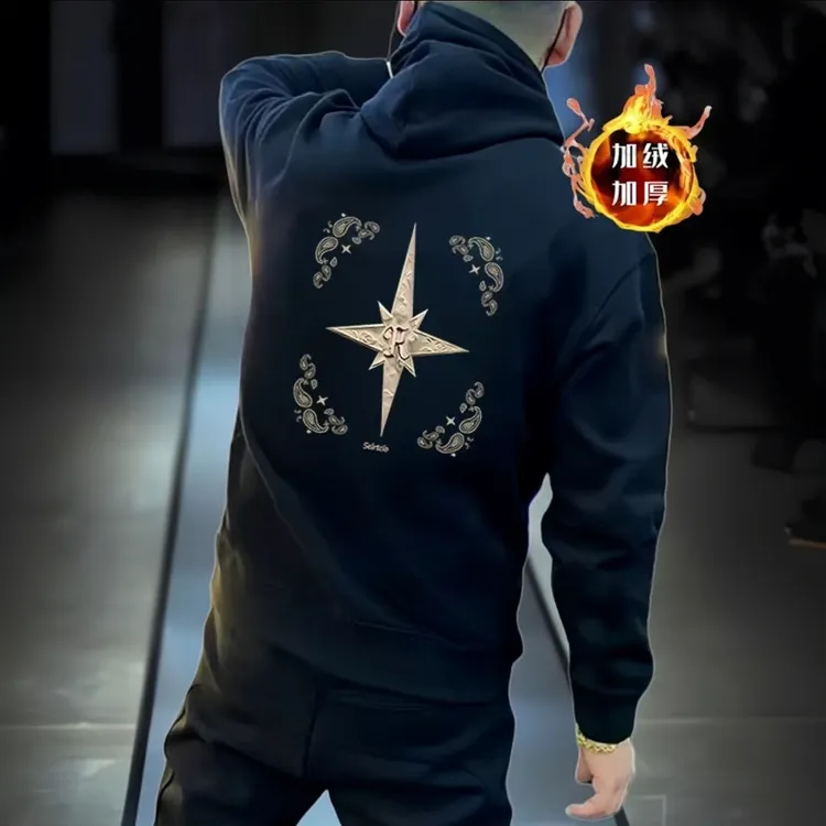 2024秋冬新款潮流时尚宽松休闲百搭圆领印花图案连帽卫衣男士ins