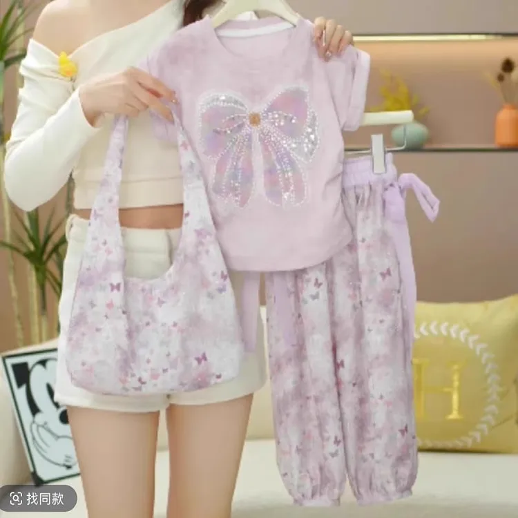 女童蝴蝶结短袖灯笼裤套装2025夏款蝴蝶结T恤丝带冰丝防蚊碎花裤