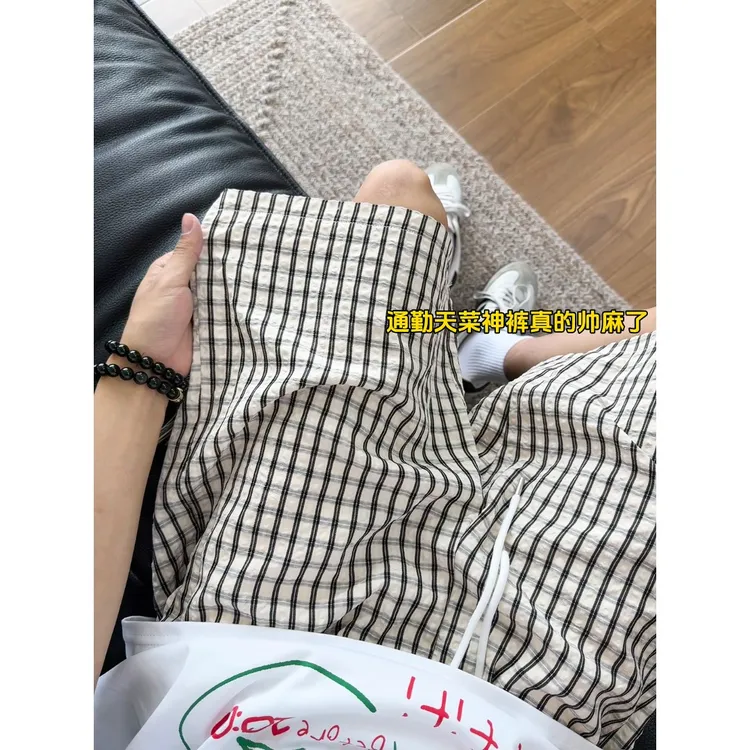 泡泡纱格子短裤男冰丝速干透气沙滩裤夏季薄款宽松直筒运动五分裤