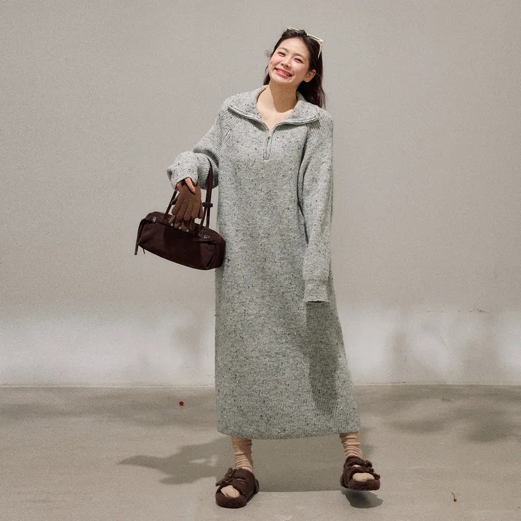 【臻绒雪景】大码女装微胖妹妹松弛感浅灰杂点高领毛衣长裙
