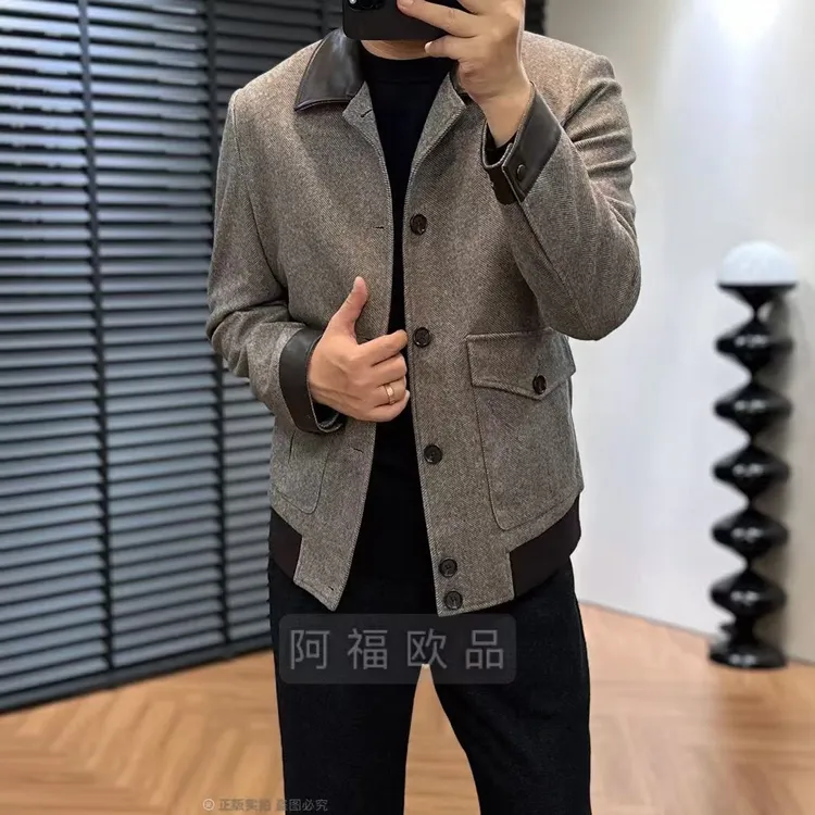 【阿福欧品】男士顶奢人字格配皮老钱风夹克