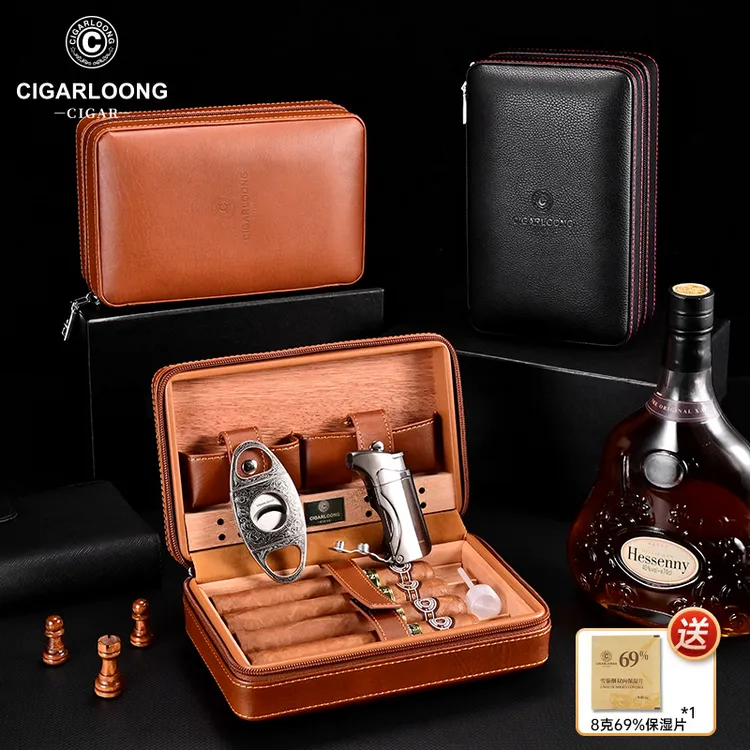 CIGARLOONG茄龙保湿雪茄盒便携式雪松木牛皮雪茄剪打火机烟具套装