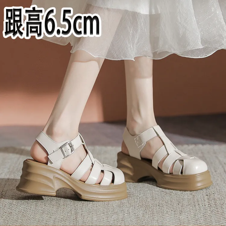 包头罗马凉鞋女2025新款夏季松糕女鞋粗跟高跟复古镂空编织猪笼鞋