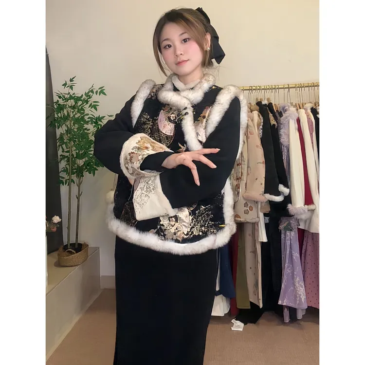 巨好看复古百搭黑色旗袍2025年冬季新中式改良大气高级感加绒加厚