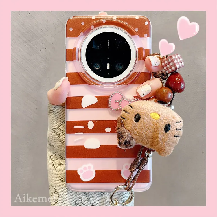 适用华为mate70pro+手机壳粉棕绿条纹mate60pro+蝴蝶结kt猫米菲兔