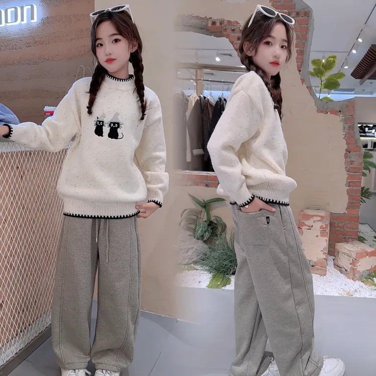 女童韩系秋冬休闲毛衣套装套头常规款中大童6-14岁圆领上衣针织衫