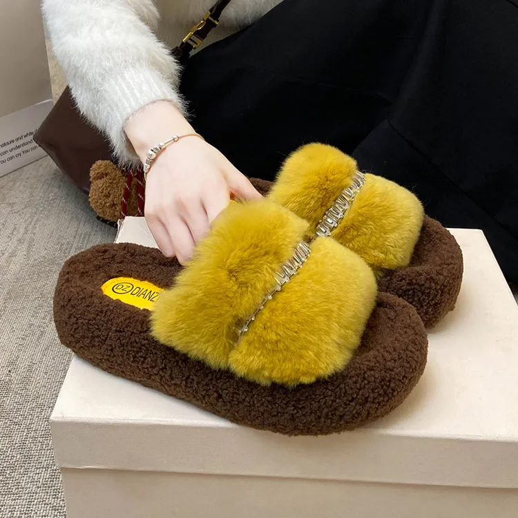 厚底新款毛毛拖鞋女外穿厚底防滑时尚百搭一字拖高级感毛绒棉拖鞋