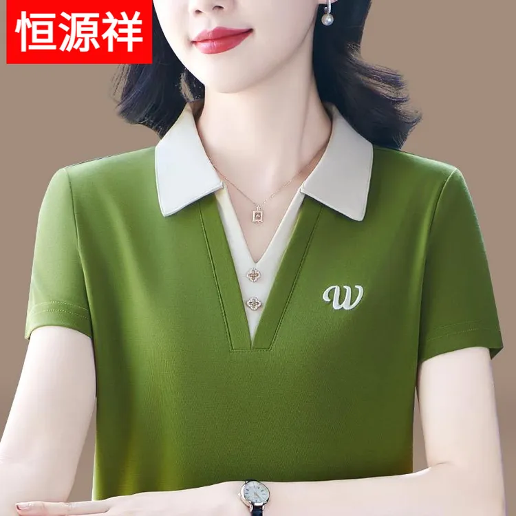 恒源祥彩羊新款夏季高档上衣翻领短袖polo衫女装冰丝材质时尚潮流