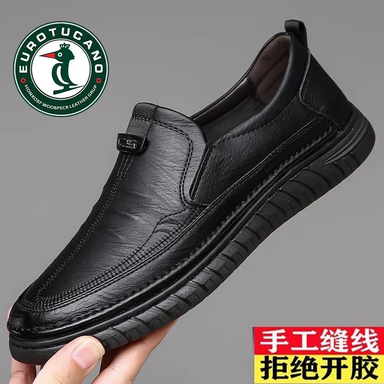 官方正品春季新款男士鞋子皮鞋男真皮薄款头层牛皮一脚蹬爸爸鞋