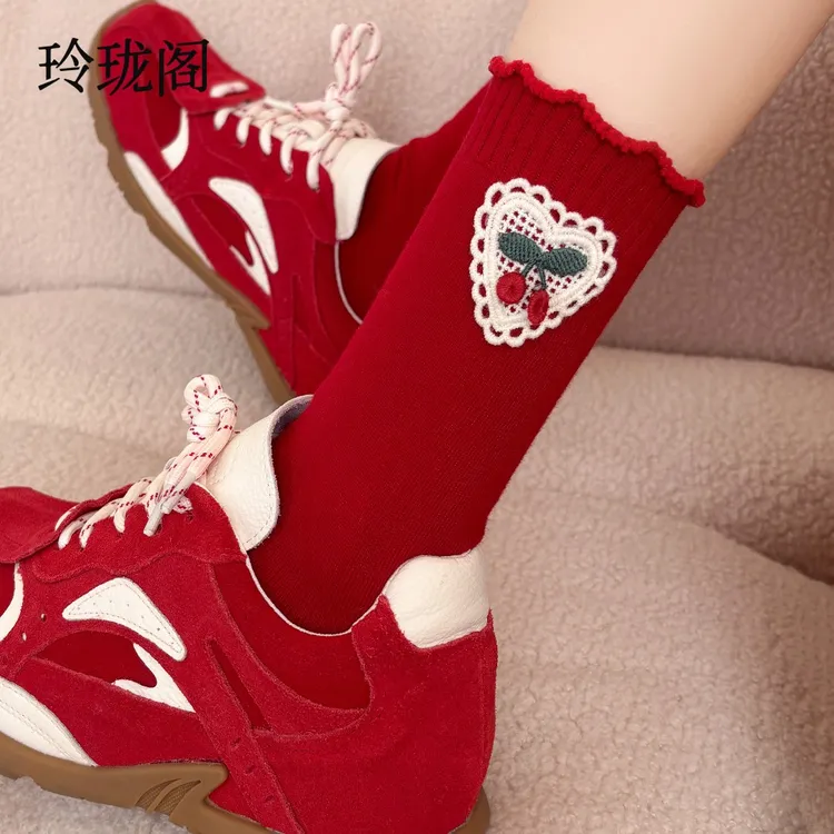 本命年属马女士必备品秋冬纯棉红袜子女款中筒袜送礼结婚礼盒长袜