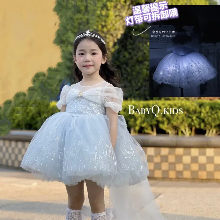 女童爱莎发光洛丽塔夏季生日礼服裙蓬蓬网纱发光宝宝走秀公主裙