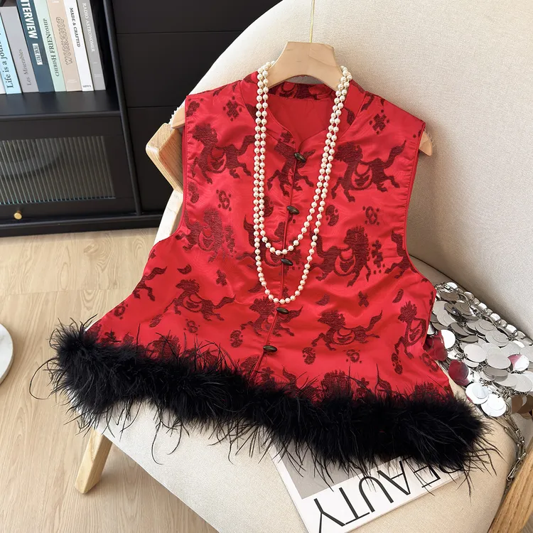 红色国风马甲女款外穿2025新款喜妈妈装秋冬高端提花薄棉红色上衣