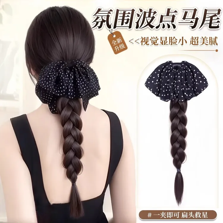 女士假发天然逼真慵懒风新中式抓夹波点蝴蝶结假发片高颅顶假发片