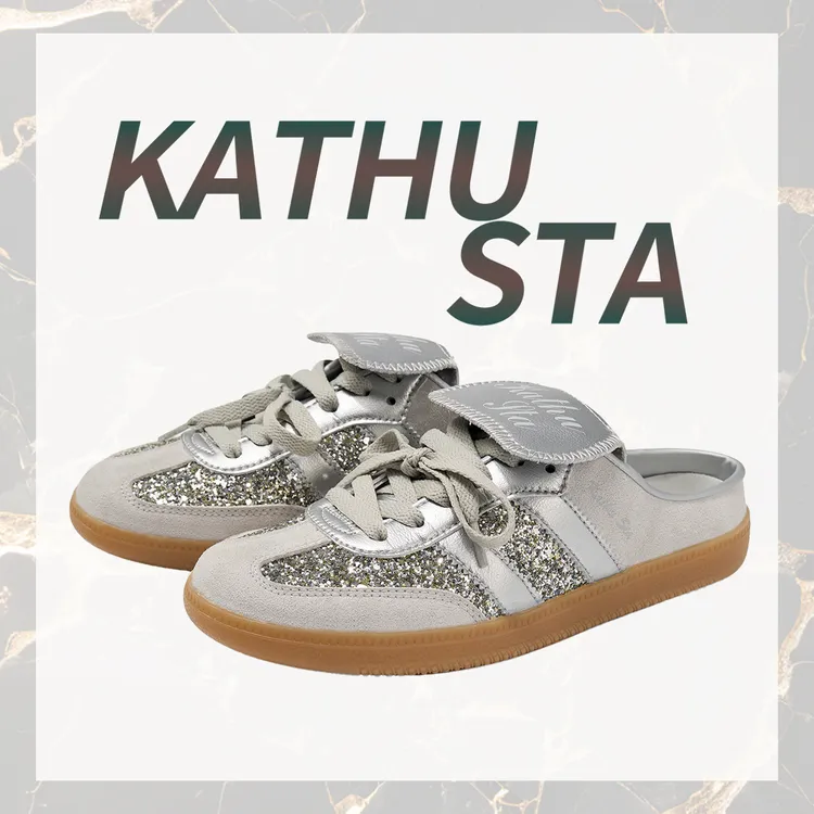 Kathu sta秋季新款潮流半拖女鞋时尚百搭休闲银色亮片低帮德训鞋