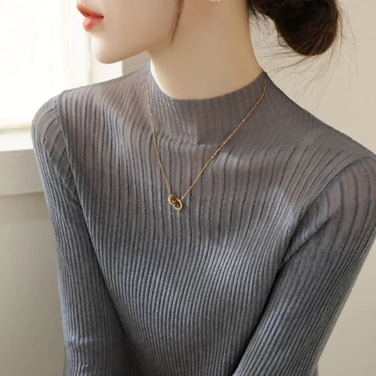 2025高级感半高领蕾丝网纱中袖打底衫毛衣女秋冬新款正肩针织上衣