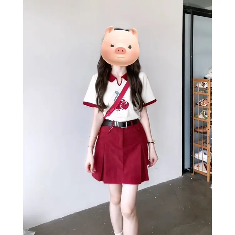 2025夏季新款女韩系穿搭翻领印花短袖上衣气质高腰显瘦A字半身裙