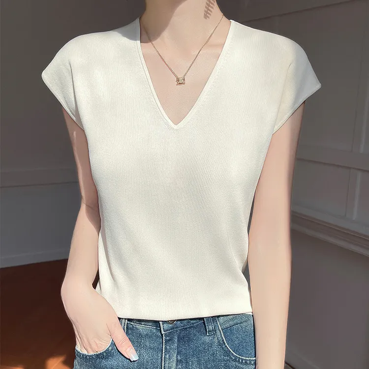 爆款天丝显瘦V领百搭短袖T恤女白色V领修身短袖t恤内搭简约上衣薄